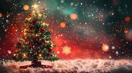 Magical Christmas tree glows brightly under falling snow, surrounded by festive bokeh lights, evoking warmth and holiday cheer.