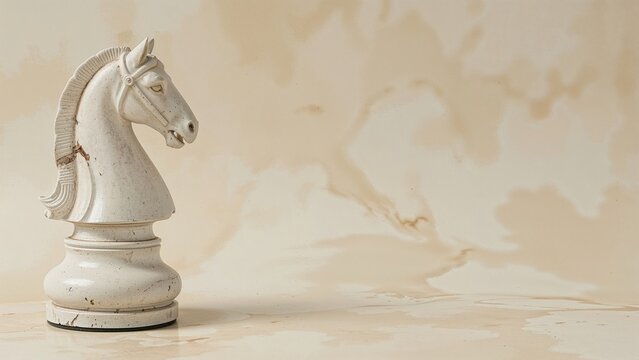 A close-up of a white chess knight piece on a marble surface against a cloudy background.