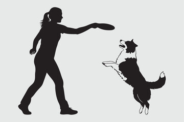 Woman playing frisbee with Border collie  dog silhouette vector Art and Illustration
