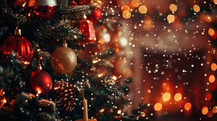 Magical glowing Christmas tree with festive red and gold ornaments and falling snow creates a warm, inviting holiday atmosphere for celebrations