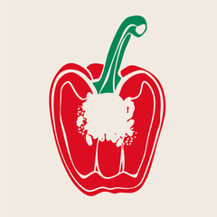 Red sweet chili Pepper. Sliced pepper. Side view. Hand drawn modern Vector illustration. Farm market, natural eco product concept. Isolated design element. Print, sticker, logo template