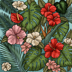 Tropical Hibiscus Flowers and Monstera Leaves Floral Arrangement - Black and White Line Art Coloring Page and Vibrant Colored Vector Illustration