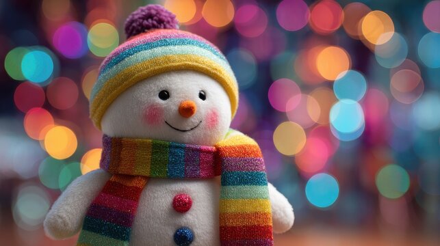 cheerful white snowman plush toy wearing rainbow striped scarf and matching hat with colorful bokeh lights background for festive holiday decorations and children toy marketing horizontal
