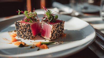 Two pieces of seared tuna with black sesame crust and microgreens arranged on a white plate. Suitable for gourmet dining, seafood menus, and elegant restaurant photography.