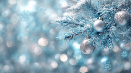 abstract bright blue christmas holiday background with snowflake bokeh light design snowcovered christmas tree branch with frost and silver baubles