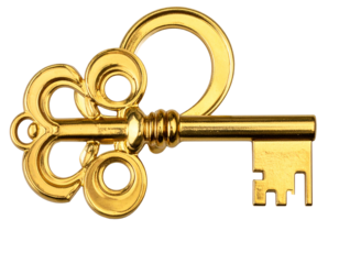  Shiny golden key with reflections, isolated on transparent background, no shadow 