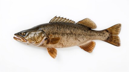 Fototapeta premium Freshwater fish, bass fish, with brown and green scales, isolated on white background.