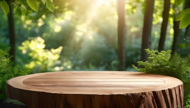 Rustic Wooden Podium Or Tree Stump Table In A Lush Green Garden With Soft Sunlight Filtering Through The Trees A Perfect Natural Backdrop For Product Display Food Photography Or Outdoor Themed