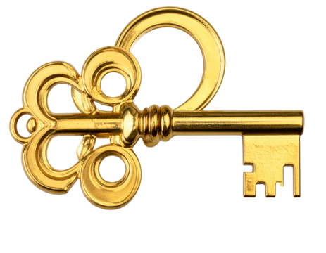  Shiny golden key with reflections, isolated on transparent background, no shadow 