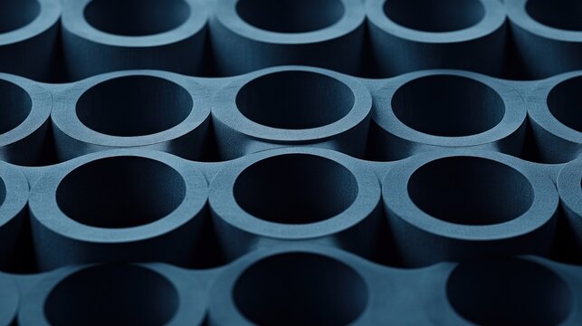 Dark-blue cylindrical shapes with circular holes, tightly packed