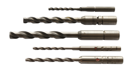 Five drill bits arranged in size order on transparent png background, isolated.