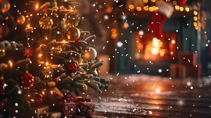 Cozy Christmas Eve scene with glowing tree, fireplace, stockings, and falling snow creates warm holiday ambiance for festive celebrations