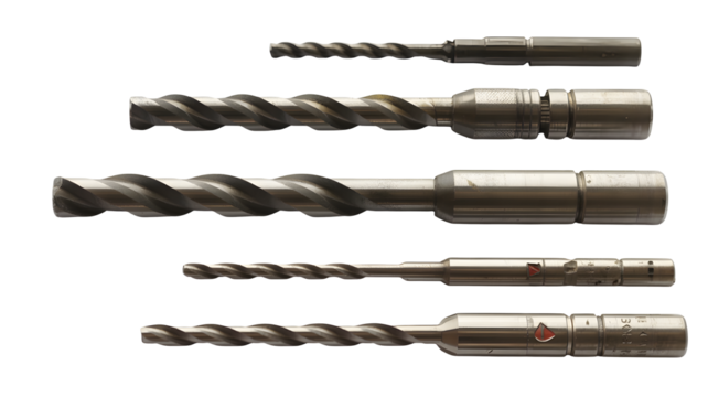 Five drill bits arranged in size order on transparent png background, isolated.