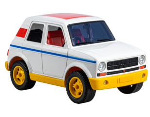  - Toy car isolated on transparent background, colorful plastic texture, soft ligh