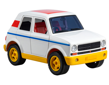  - Toy car isolated on transparent background, colorful plastic texture, soft ligh