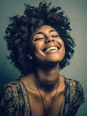 laughing african american woman with an afro hairstyle and good sense of humor smiling as she tilts her head back to look into the air no logos no brands ar 34