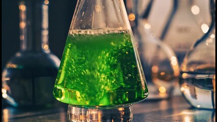 Close-up of a vibrant green liquid bubbling vigorously inside a laboratory flask, suggesting a chemical reaction or scientific experiment in progress