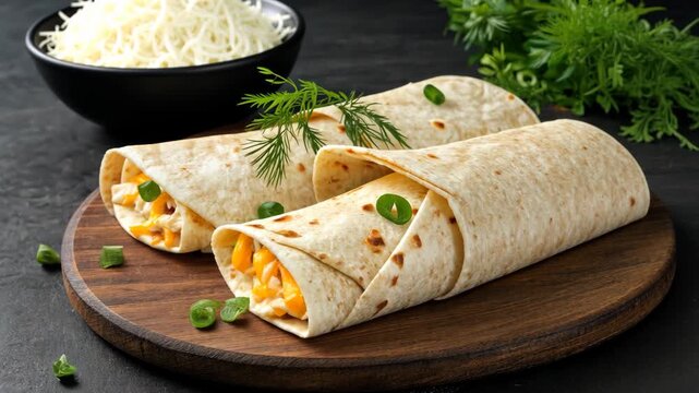 Delightful wraps showcase melted cheese and fresh herbs, perfect for a snack or meal. Enjoy the vibrant flavors and textures