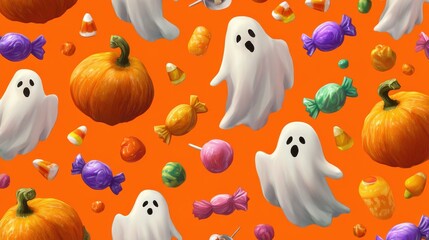 halloween pattern with ghosts pumpkins candy