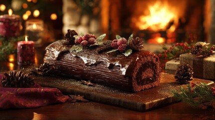 Naklejka premium french chocolate yule log cake on cozy christmas table by fireplace
