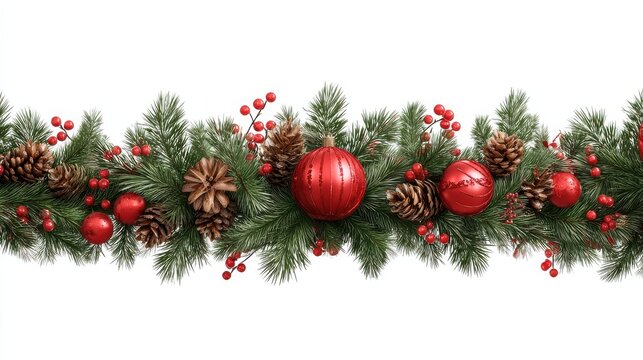 photo of a horizontal christmas garland crafted from fir branches pinecones vibrant red berries and shiny red ornaments isolated on white isolated on transparent background