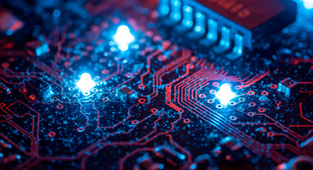 Closeup view of a glowing blue and red circuit board with intricate pathways and components