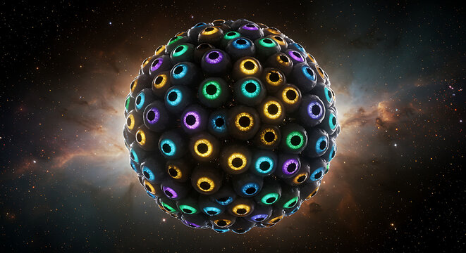Sphere Covered in Eyes Floating in Nebula - Powered by Adobe