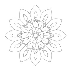 Symmetrical floral line art mandala illustration with intricate details, ideal for adult coloring pages, meditation, spiritual designs, decorative patterns, and graphic design elements.