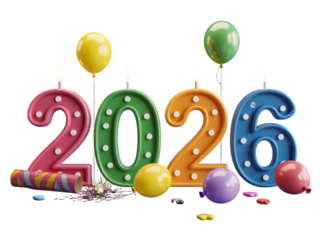 Colorful 2026 numbers with balloons and confetti