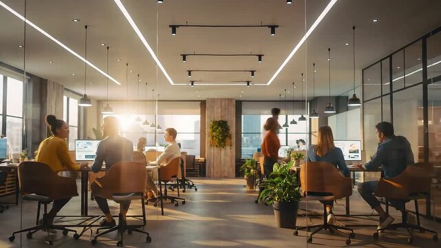 Modern Workspace Collaborative Office Environment with Natural Light and Dynamic Team Interactions
