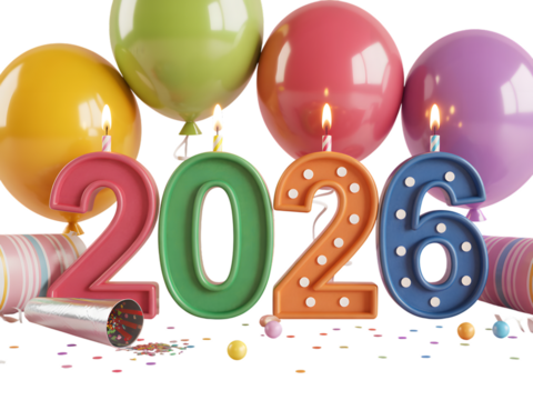 Happy new year 2026 celebration with colorful balloons, lit candles, and confetti