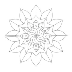 Symmetrical black outline mandala floral pattern illustration, ideal for coloring books, relaxation, meditation, decorative art, intricate spiritual design.