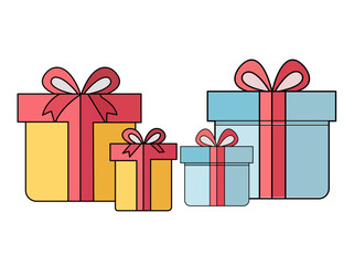 A colorful collection of gift boxes with red ribbons and bows presented against a stark black background symbolizing celebration and presents