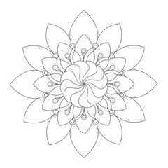 A detailed line art drawing of a symmetrical floral mandala pattern, ideal for meditation, relaxation, and intricate adult coloring books, showcasing a harmonious and elaborate design.