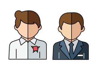 Two figures split down the middle one dressed in a wedding suit with a boutonniere the other in a business suit representing duality and contrasting roles