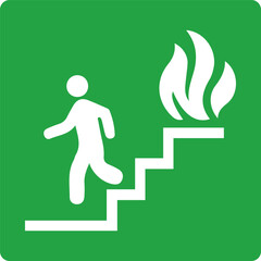 Emergency fire escape sign: person running up stairs away from fire evacuation symbol