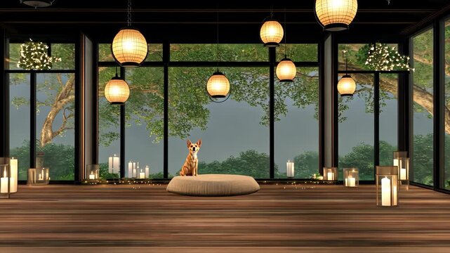 Warm atmosphere in a spacious room featuring a cat resting on a cushion while soft lanterns illuminate the surroundings