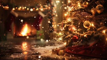 Cozy Christmas evening warmth with glowing fireplace, twinkling tree lights, and gentle snowfall creating magical holiday ambiance for festive celebrations