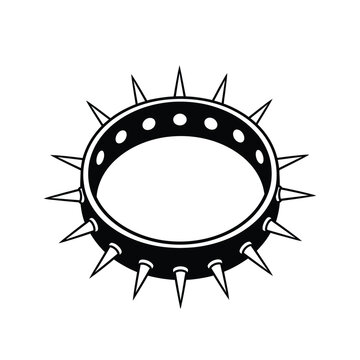 Spiked collar for dogs or punk fashion accessory, an edgy black and white graphic icon illustration representing rebellion, power, and protection, suitable for various design projects and themes