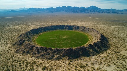 Desert crater, green center, mountains background