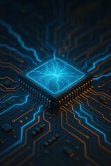 An eye-level close-up of a central processing unit with glowing blue lightning.