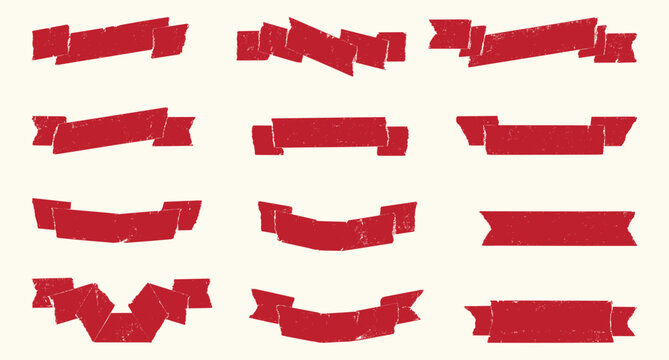 Collection of distressed red banners and ribbons in various shapes and styles, isolated on a cream background