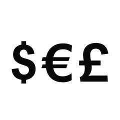 Black dollar, euro, and pound sterling currency symbols on a clean white background, signifying global finance, international trade, economic exchange, wealth, investment, banking, and monetary.