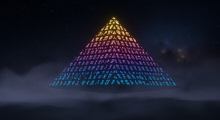 Futuristic Pyramid with Glowing Hieroglyphs in Starry Sky