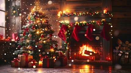 Cozy Christmas Eve ambiance with a glowing fireplace, decorated tree, festive stockings, and falling snow evokes warm holiday cheer and magical winter celebrations.