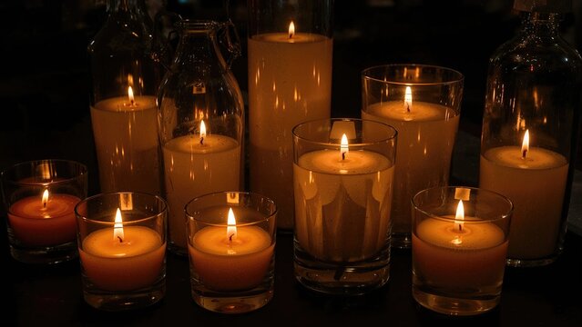 Multiple lit candles of various sizes in glass holders creating a warm, ambient glow.