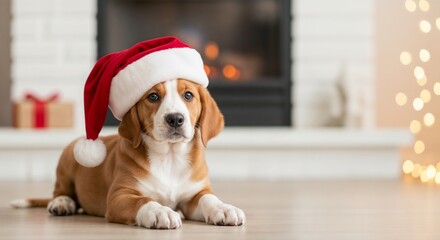 Christmas puppy in red velvet Santa hat portrait, cozy indoor setting with fireplace background
