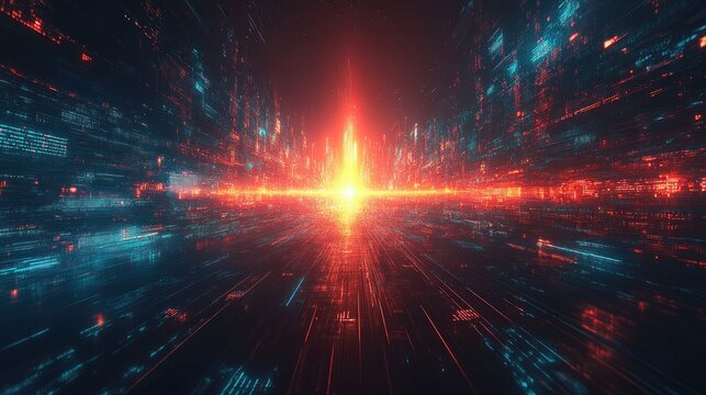 Digital tunnel of vibrant red and teal light