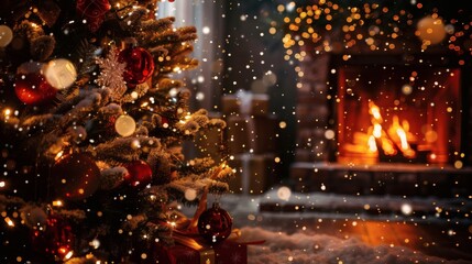 Cozy Christmas scene with glowing fireplace, decorated tree, falling snow, and warm bokeh lights evoking festive holiday spirit and winter magic