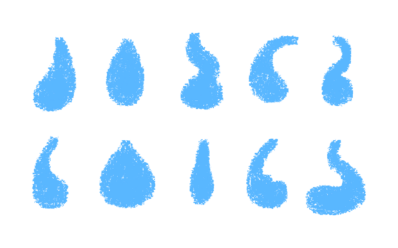 Set of Ten Blue Crayon Water Drop Shapes: Abstract Textured Liquid Blob Elements
